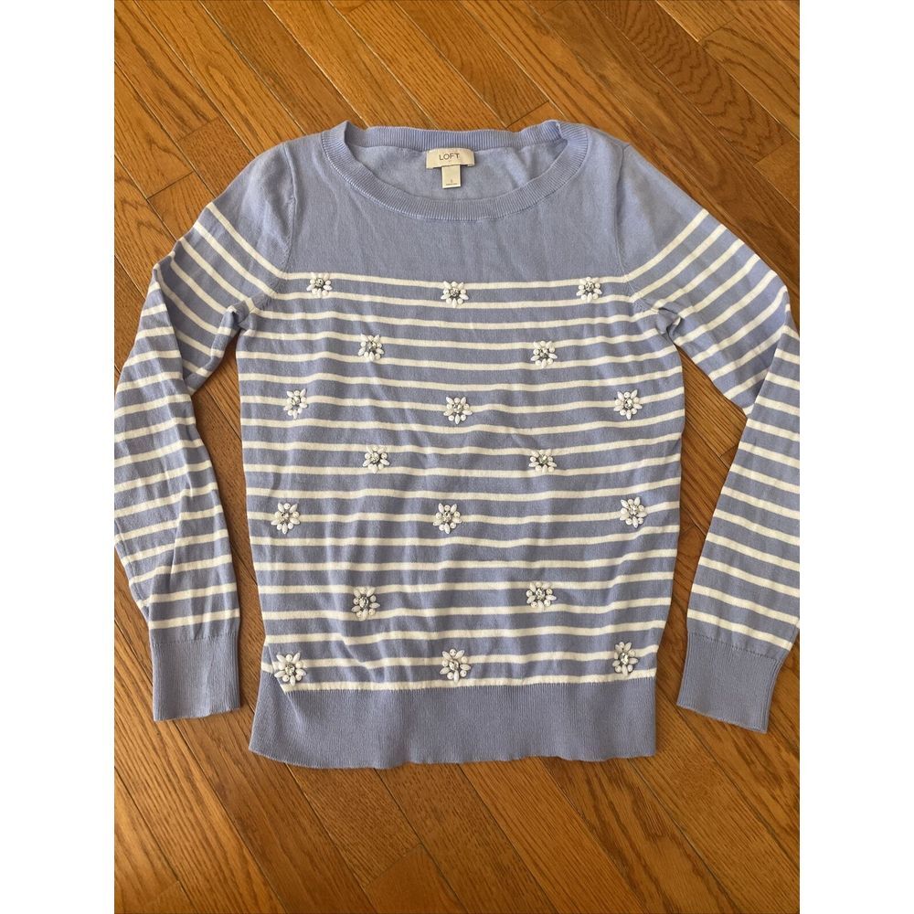 LOFT Striped‎ Beaded Flower Daisy Sweater Blue And White Stripe Summer Size S